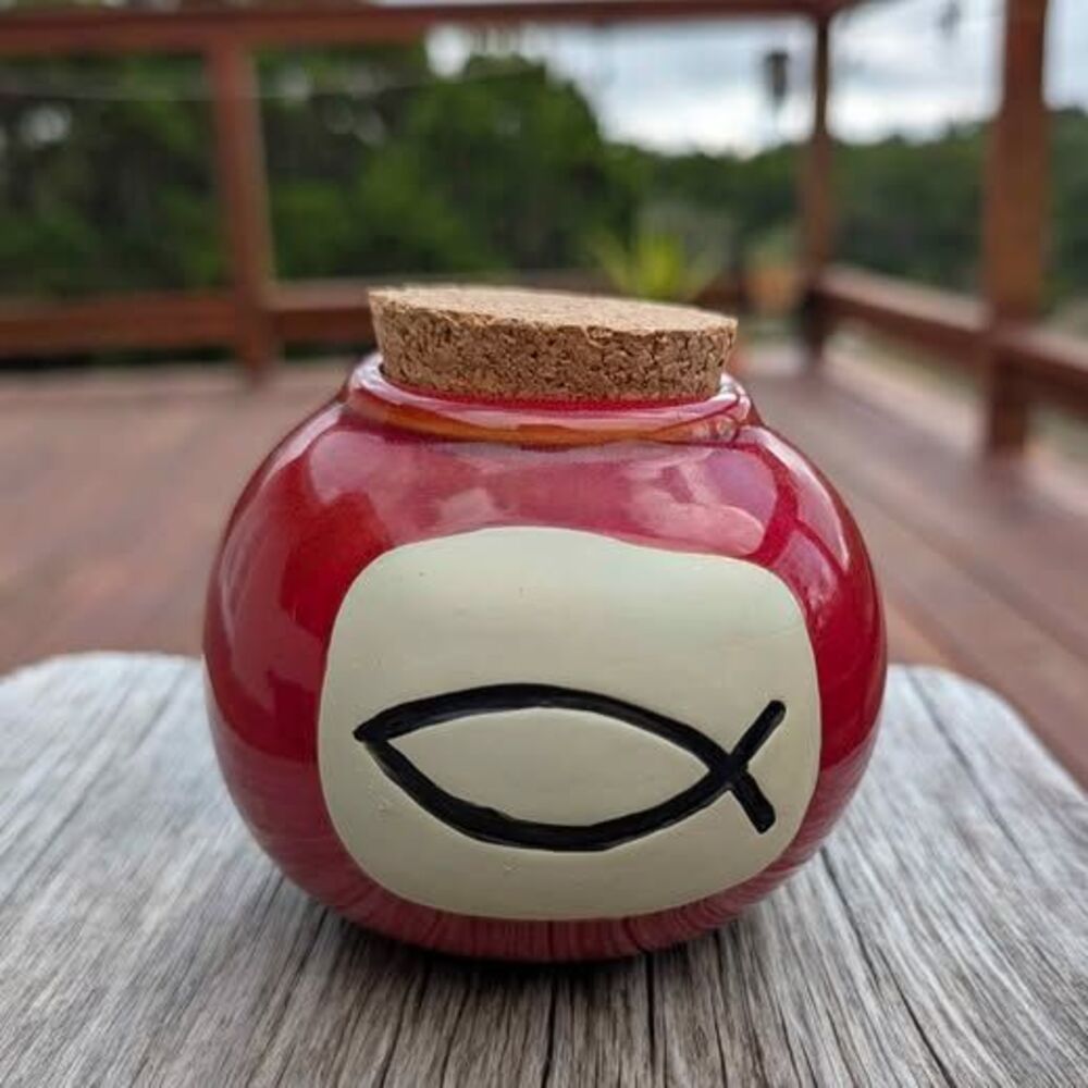 Ceramic Glazed Red Jar with Cork Lid Christian fish Ichthus 3"